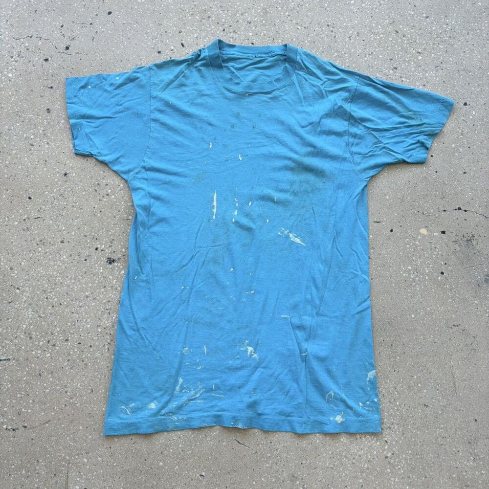 Vintage 70s Blue Blank Cotton Paint Splattered T-Shirt